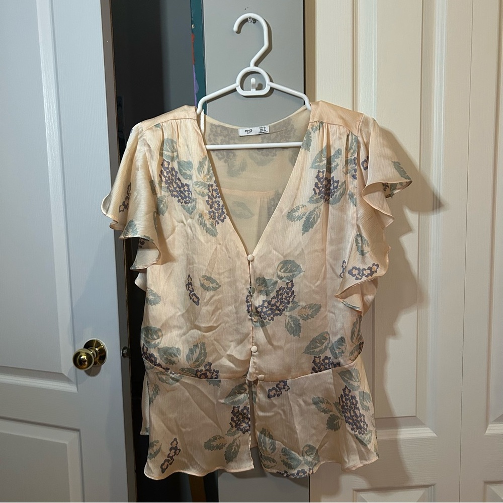 Mango Cream Flutter Sleeve Blouse with Tie Front